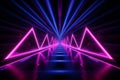 Neon light abstract background. Tunnel or corridor pink blue purple neon glowing lights. Laser lines and LED technology create Royalty Free Stock Photo