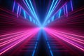 Neon light abstract background. Tunnel or corridor pink blue purple neon glowing lights. Laser lines and LED technology create Royalty Free Stock Photo