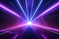 Neon light abstract background. Tunnel or corridor violet neon glowing lights. Laser lines and LED technology create glow. Cyber