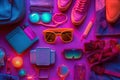 Neon light accessories items flat lay background. Generative AI