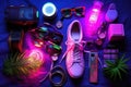 Neon light accessories items flat lay background. Generative AI