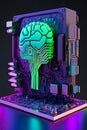 Neon light AI brain Connecting human brain to computer mother board, Robot intelligence concept, Generative AI Royalty Free Stock Photo