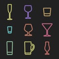 Neon light alcohol glasses icons