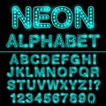 Neon light alphabet in cyan color. Glowing font for design. Neon sign.