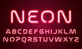 Neon light alphabet font letters. Vector red ultraviolet neon glow effect of font alphabet, red led light lamps