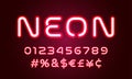 Neon light alphabet font numbers, special symbols with led hashtag. Vector red neon glow font alphabet with pink ultraviolet Royalty Free Stock Photo