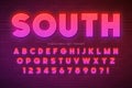 Neon light alphabet, multicolored extra glowing font. Royalty Free Stock Photo