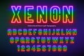 Neon light alphabet, multicolored extra glowing font Royalty Free Stock Photo