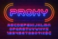 Neon light alphabet, multicolored extra glowing font. Royalty Free Stock Photo
