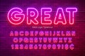 Neon light alphabet, multicolored extra glowing font. Royalty Free Stock Photo