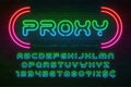 Neon light alphabet, multicolored extra glowing font.