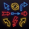 Neon light arrows. Colorful bulb lines arrow. Nightlife tube lights arrowhead pointers. Lamps vivid vector set