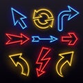 Neon light arrows. Colorful bulb lines arrow. Nightlife tube lights arrowhead pointers. Lamps vivid vector set Royalty Free Stock Photo