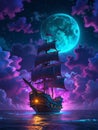 Neon light art, a ship in the dark of night Royalty Free Stock Photo