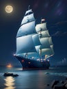Neon light art, a ship in the dark of night Royalty Free Stock Photo