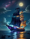 Neon light art, a ship in the dark of night Royalty Free Stock Photo