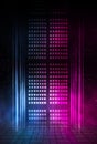 Neon light. Background of empty show scene. Empty dark modern abstract neon background.