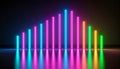 Neon light bars in cyan pink orange yellow and green colors with reflections on dark surface creating vibrant visual effect Royalty Free Stock Photo