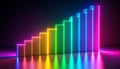 Neon light bar graph with colorful glowing vertical slabs reflecting on shiny surface in dark background Royalty Free Stock Photo