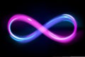 Neon light blue and violet infinity symbol on black background, glowing line of eternal sign, energy, vector