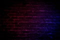 Neon light on brick walls that are not plastered background and texture. Lighting effect red and blue neon background vertical of Royalty Free Stock Photo