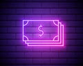 Neon light. Cash money line icon. Banking currency sign. Dollar or USD symbol. Glowing graphic design. Brick wall. Vector Royalty Free Stock Photo