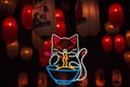 neon light cat eating ramen Royalty Free Stock Photo