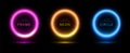 Neon light circle ring. Purple glow laser neon round vector effect circle frame background