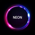 Neon light circle round frame on dark background. Glowing geometric shape, neon box and luminous ring. Abstract vector