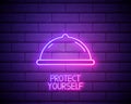 Neon light. Condom in package safe sex sign icon. Safe love symbol. Glowing graphic design. Brick wall. Vector Royalty Free Stock Photo