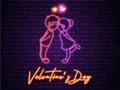 Neon Light Effect Valentine Day Text with Romantic kids Couple on Purple Brick.