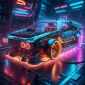 Neon light engine car is a custom car that has been outfitted with neon lights, typically on the undercarriage, wheels, and grille