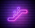 Neon light. Escalator staircase icon. Elevator moving stairs down and up symbol. Glowing graphic design. Brick wall. Vector