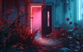 neon light and flowers with doors and plants