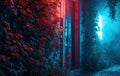 neon light and flowers with doors and plants