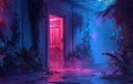 neon light and flowers with doors and plants