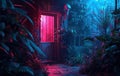 neon light and flowers with doors and plants