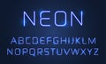 Neon light font alphabet letters set. Vector blue ultraviolet neon alphabet font lamps effect