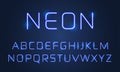 Neon light font alphabet letters set. Vector blue ultraviolet neon alphabet font with light tube lamps effect