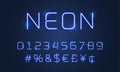 Neon light font alphabet numbers, special symbols. Vector blue neon tubes glow alphabet font with hashtag sign Royalty Free Stock Photo