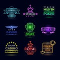 Neon light gambling emblems. Poker club and casino vector sign set Royalty Free Stock Photo