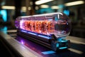 a neon light in a glass jar on a shelf