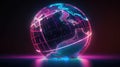 Neon light globe background. Modern lines earth banner. Abstract world glowing curves. Generative AI