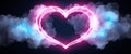 Neon light heart frame glowing among soft clouds on dark background Royalty Free Stock Photo