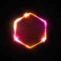 Neon light hexagon shape banner on black brick wall background. Dark red 3d sign with star flash for nightlife bar club Royalty Free Stock Photo