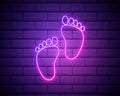 Neon light. Human footprint sign icon. Barefoot symbol. Foot silhouette. Glowing graphic design. Brick wall. Vector