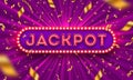 Neon light jackpot retro signboard and golden foil confetti against a light burst background. Vector illustration. Royalty Free Stock Photo