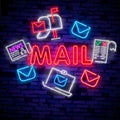 Neon Light. Mail Delivery Icon. Envelope Symbol. Message Sign. Mail Navigation Button. Glowing Graphic Design. Brick Wall. Vector