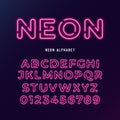 Neon light modern font. neon tube letters and numbers on dark background. Royalty Free Stock Photo