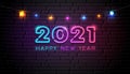 2021 neon light number happy new year colorful bulb light at night banner design on block wall black background Royalty Free Stock Photo